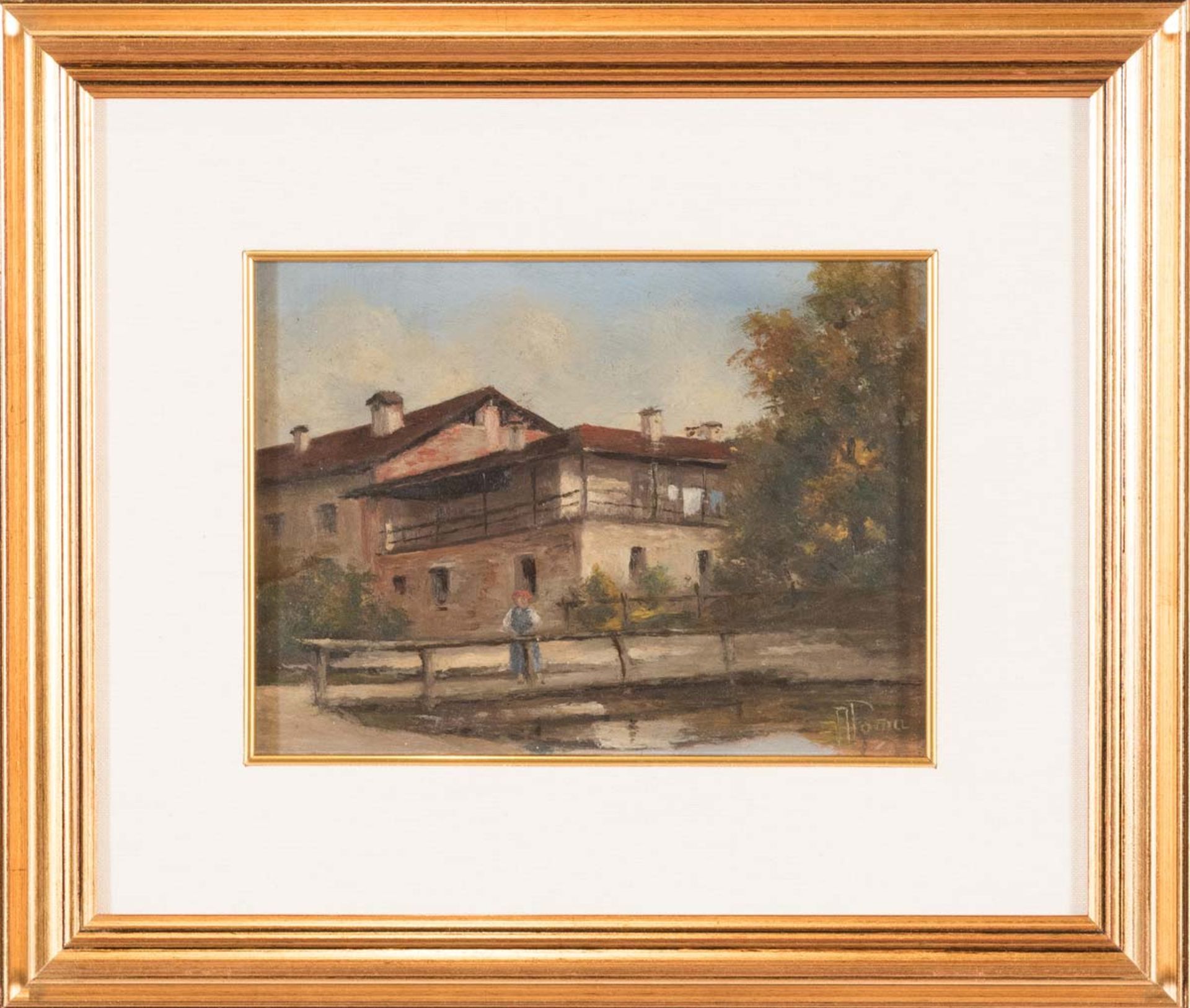 Alessandro Poma (Biella Piazzo 1874 – 1960), "Veduta di borgo con ponte e figura".