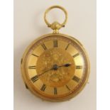 An 18ct gold open face pocket watch with engraved gold coloured dial, black Roman numerals and blued