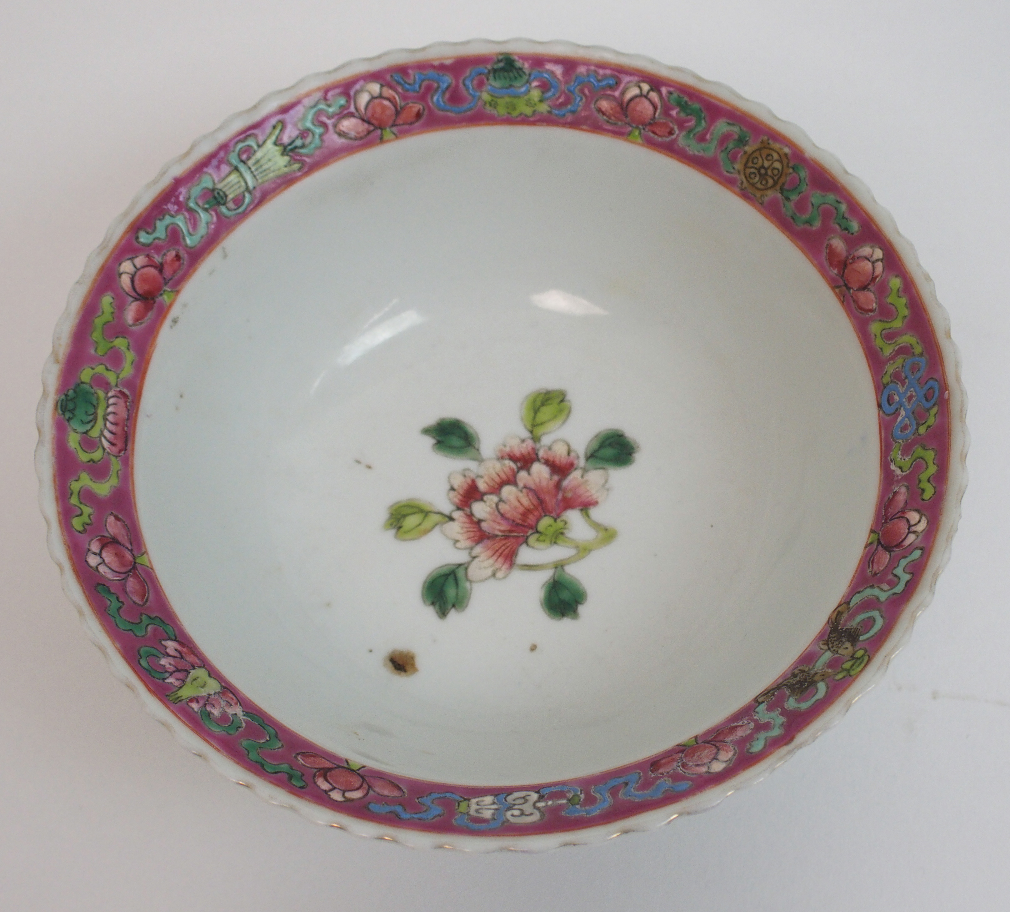 A Chinese bowl painted with an exotic bird, rockwork and chrysanthemum on a green ground, printed - Image 2 of 10