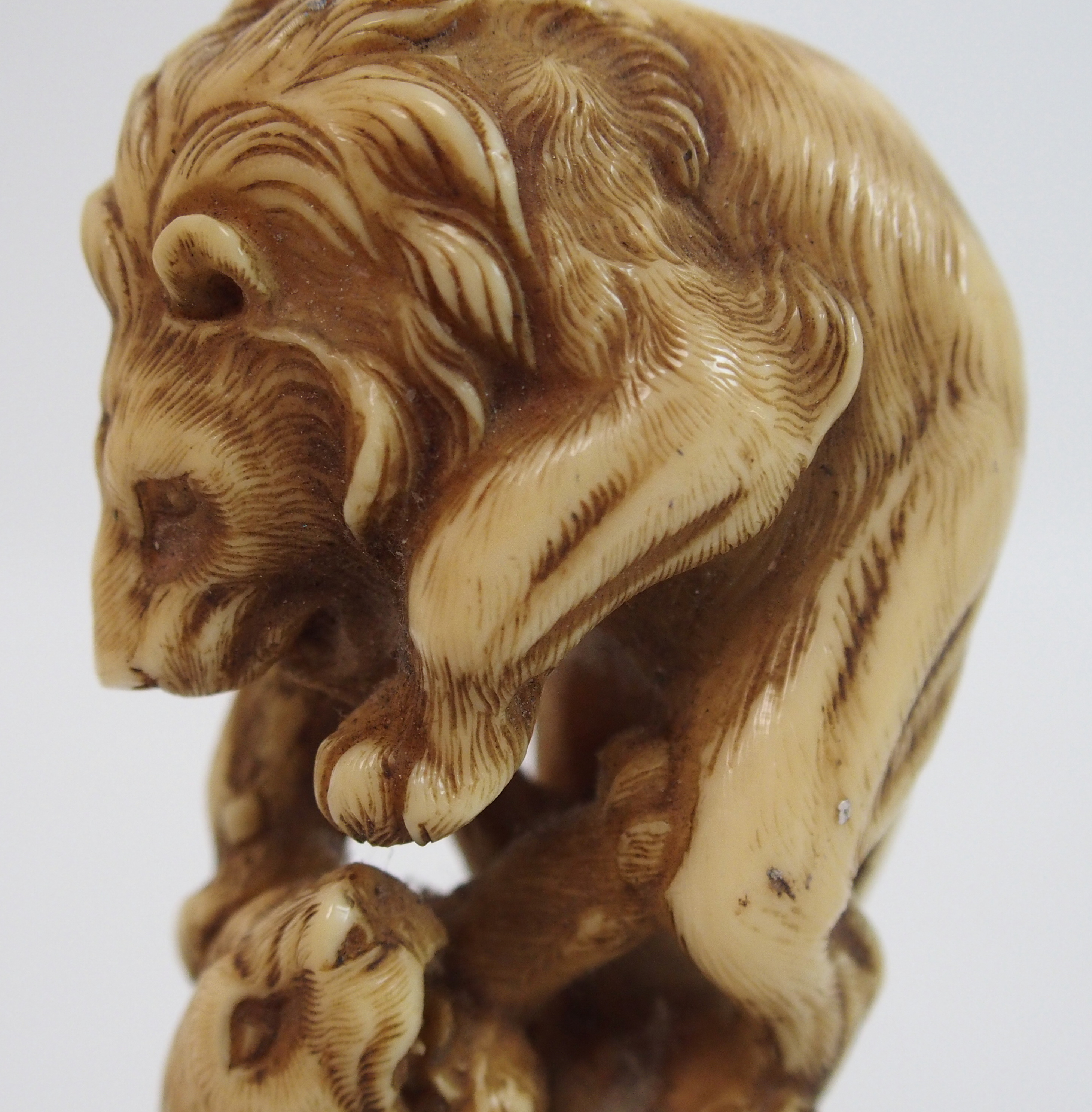 A Japanese carved ivory cane handle decorated with a lion attacking a tiger, signed, 12cm long - Image 4 of 10