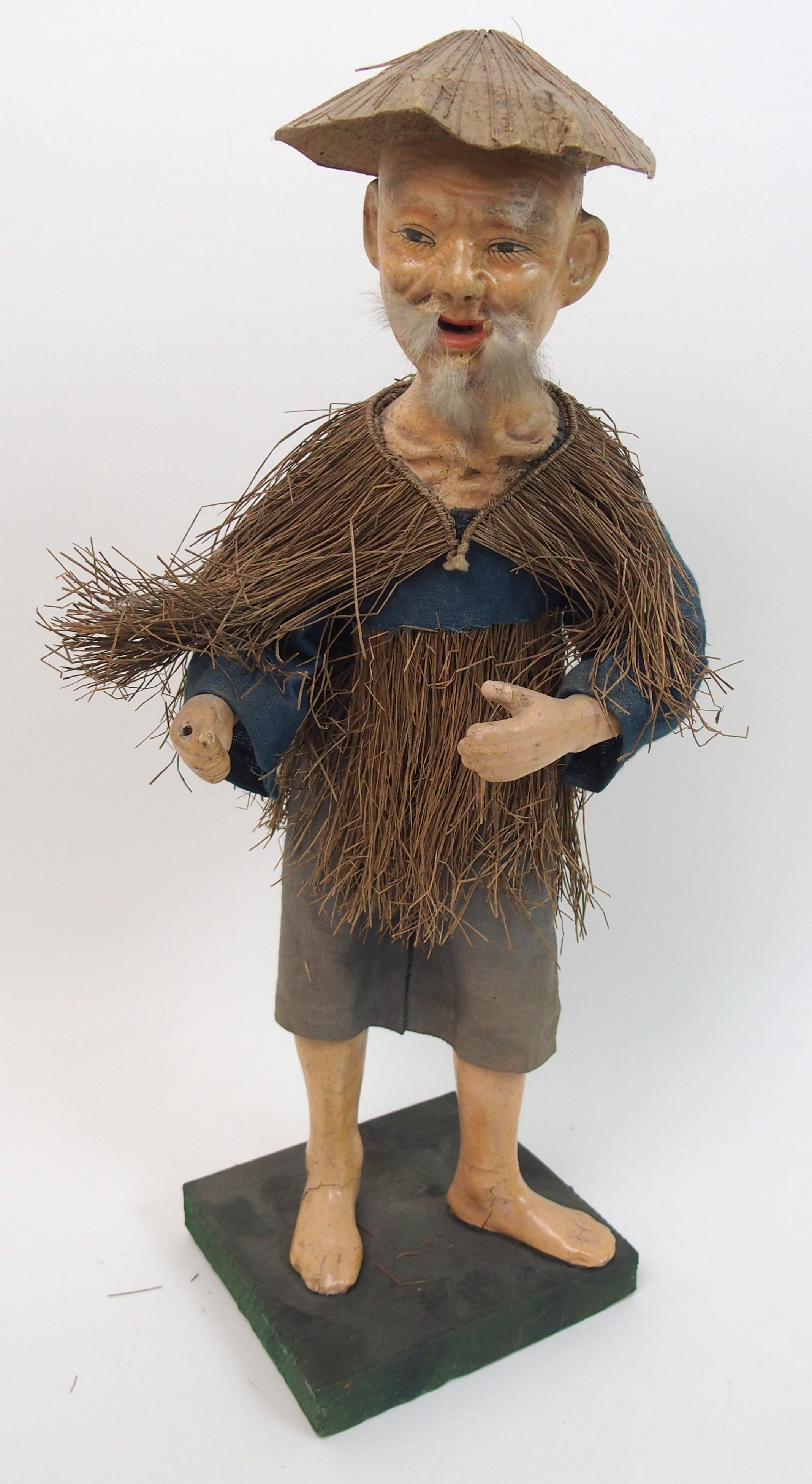 A Chinese papier mache figure of a worker with straw cape and linen costume, 37cm high and a - Image 4 of 10