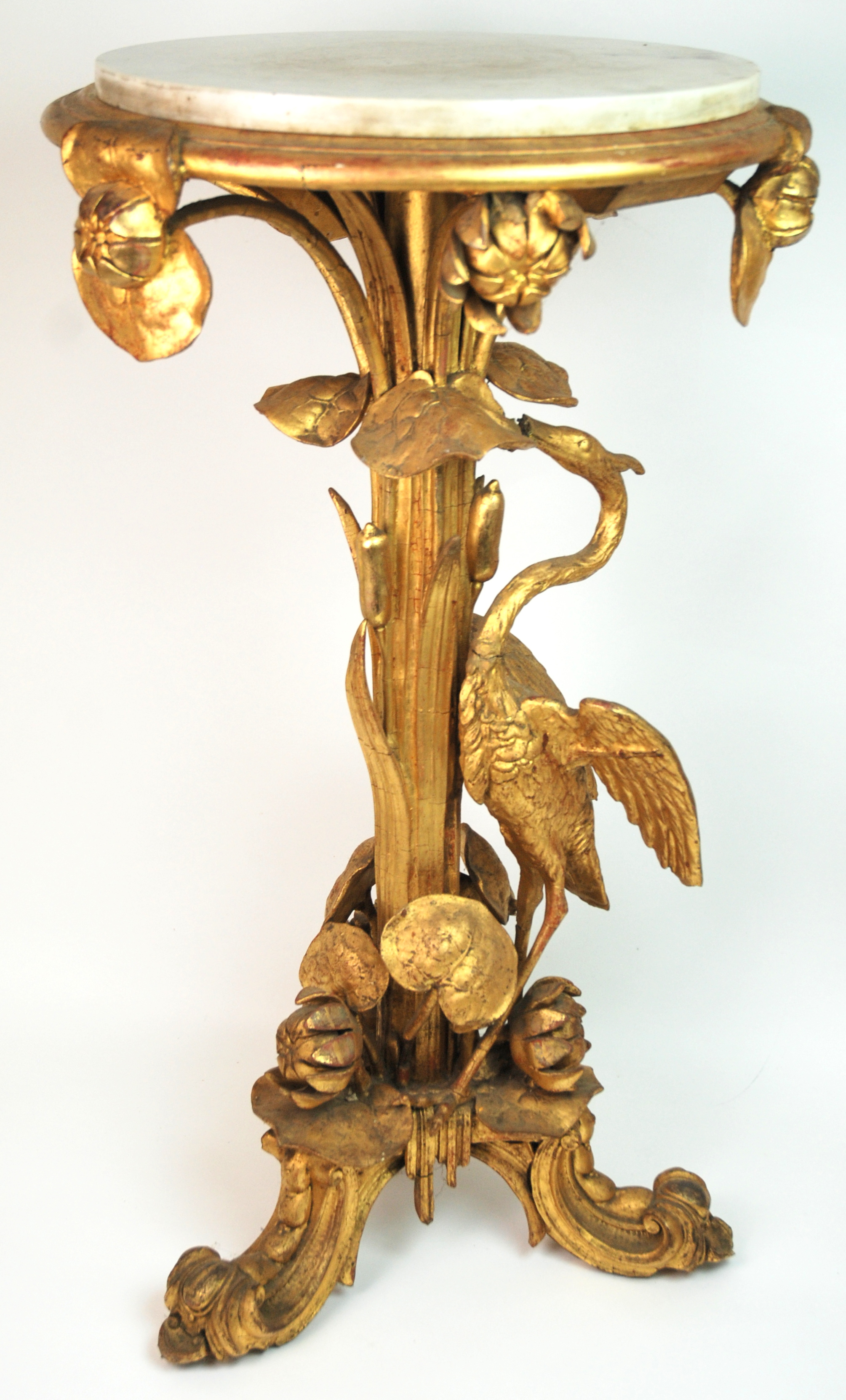 A Victorian gilt wood and gesso plant stand carved with a heron amongst bullrushes and lily pads, on - Image 2 of 10