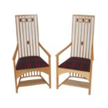 Two Mackintosh style ash and oak open armchairs copying designs from The Music Room, Houshill,