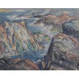 •PENELOPE BEATON ARSA, RSW (Scottish 1886 -1963) A ROCKY COASTLINE Watercolour, signed, 37 x 48cm (