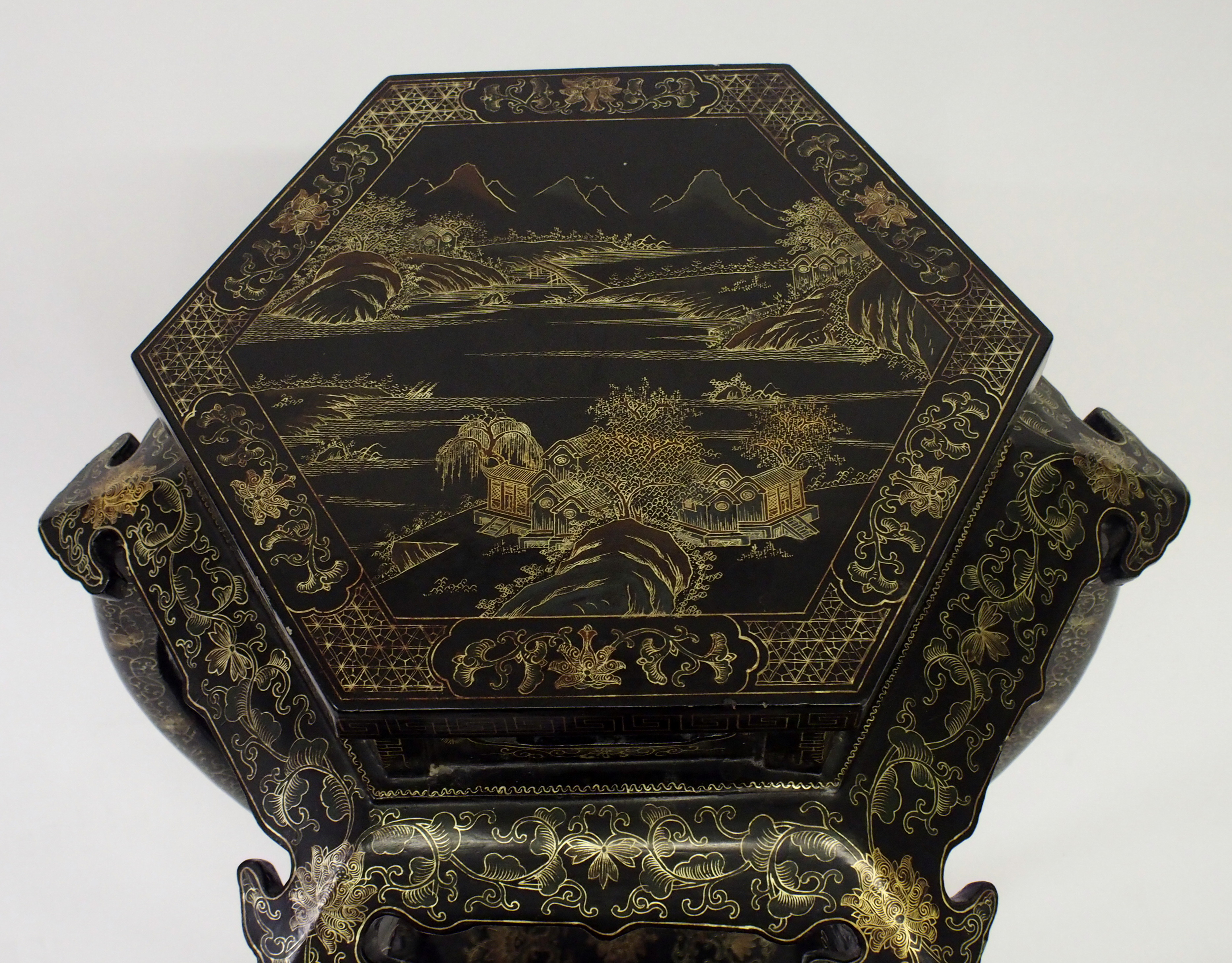 A Chinese black and gold hexagonal pedestal painted with a landscape above scrolling foliage on - Bild 3 aus 10