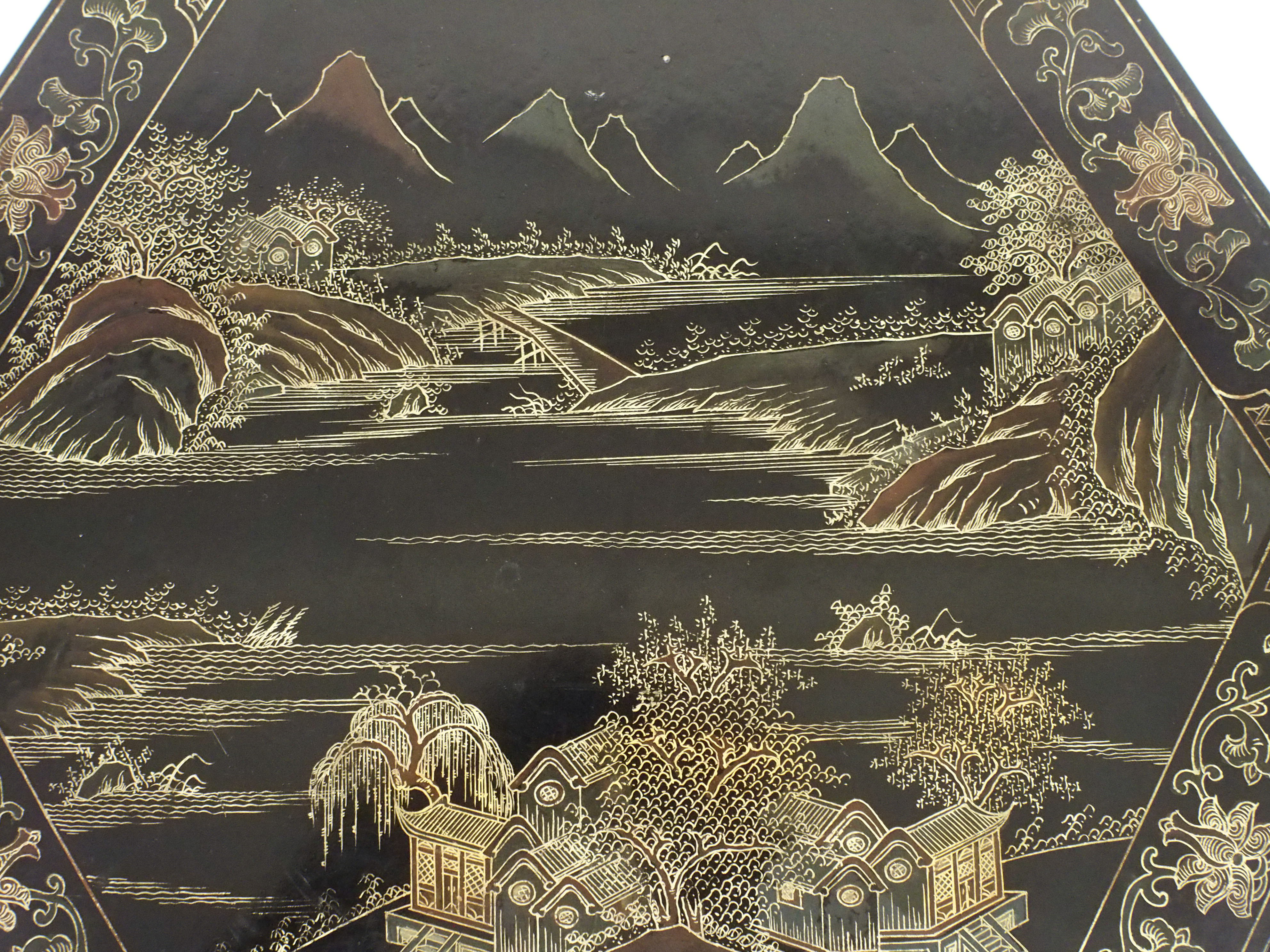 A Chinese black and gold hexagonal pedestal painted with a landscape above scrolling foliage on - Bild 8 aus 10