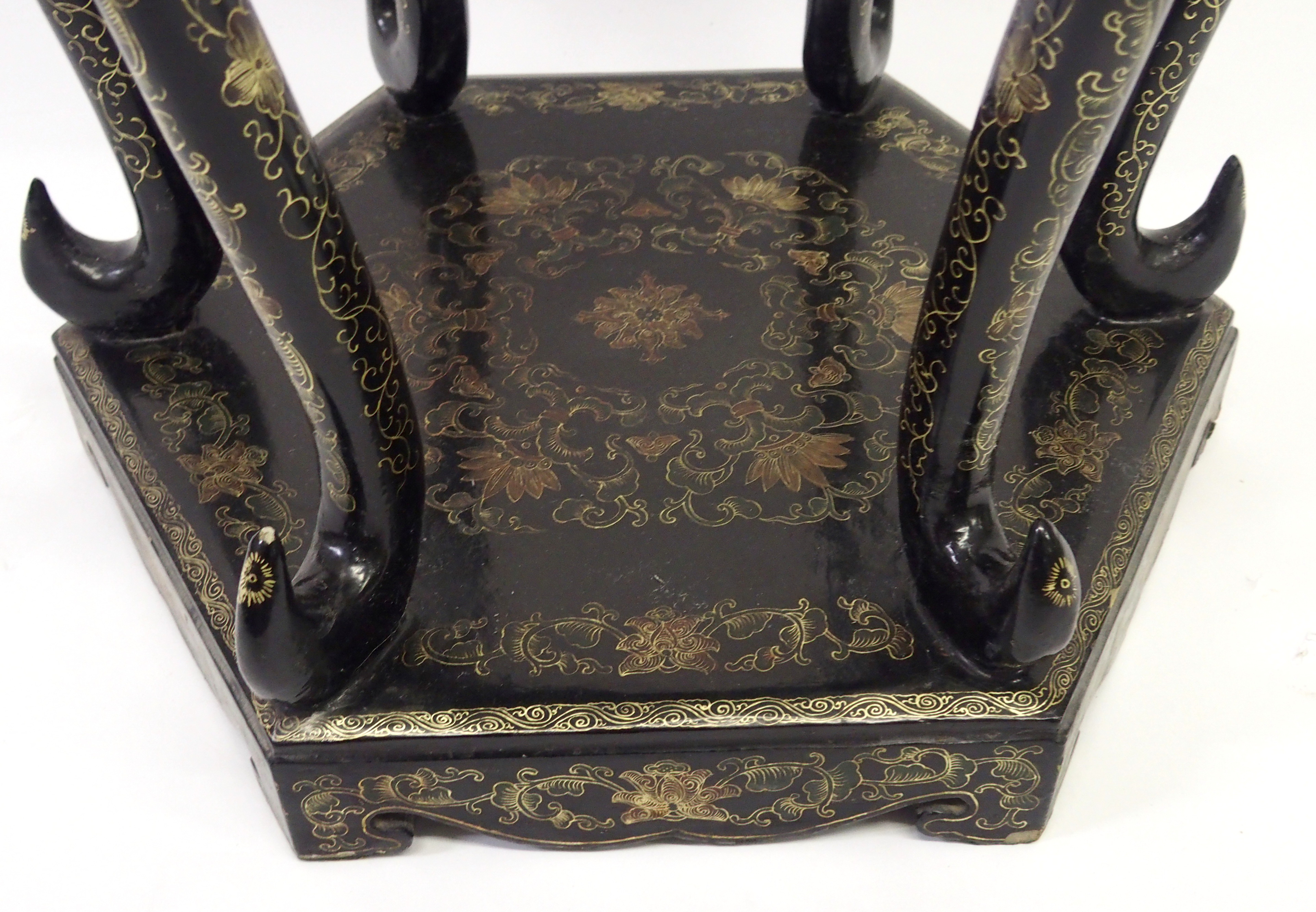 A Chinese black and gold hexagonal pedestal painted with a landscape above scrolling foliage on - Bild 5 aus 10