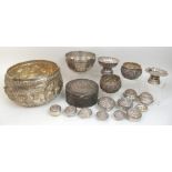 A group of Indian white metal wares comprising; circular box, 17.5cm diameter, 18oz, two bowls, 10cm