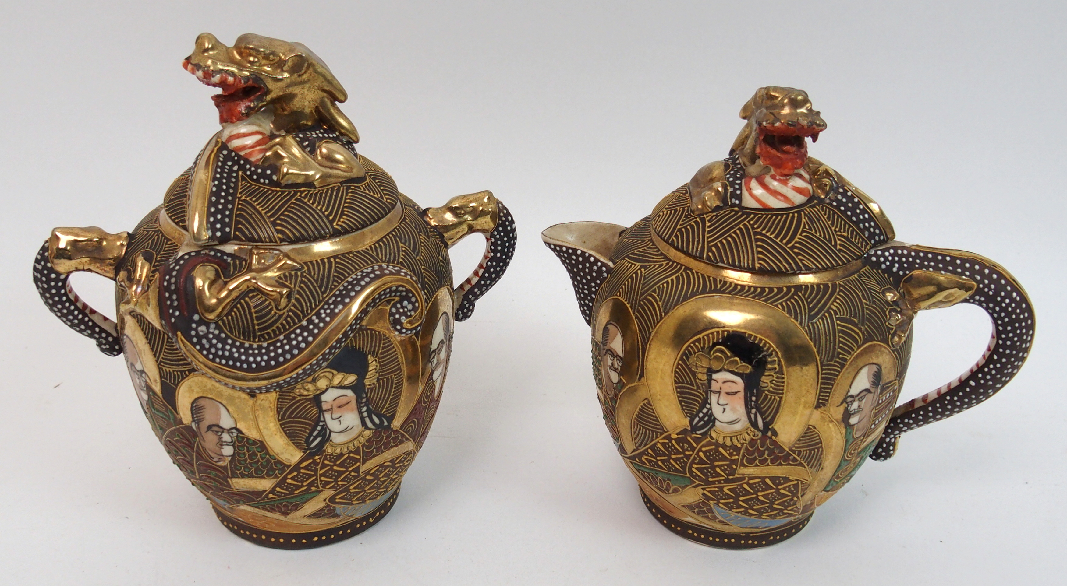 A Satsuma cased teaset painted with Kannon and Rakan, comprising; teapot, sugar bowl, cream jug, six - Bild 14 aus 14