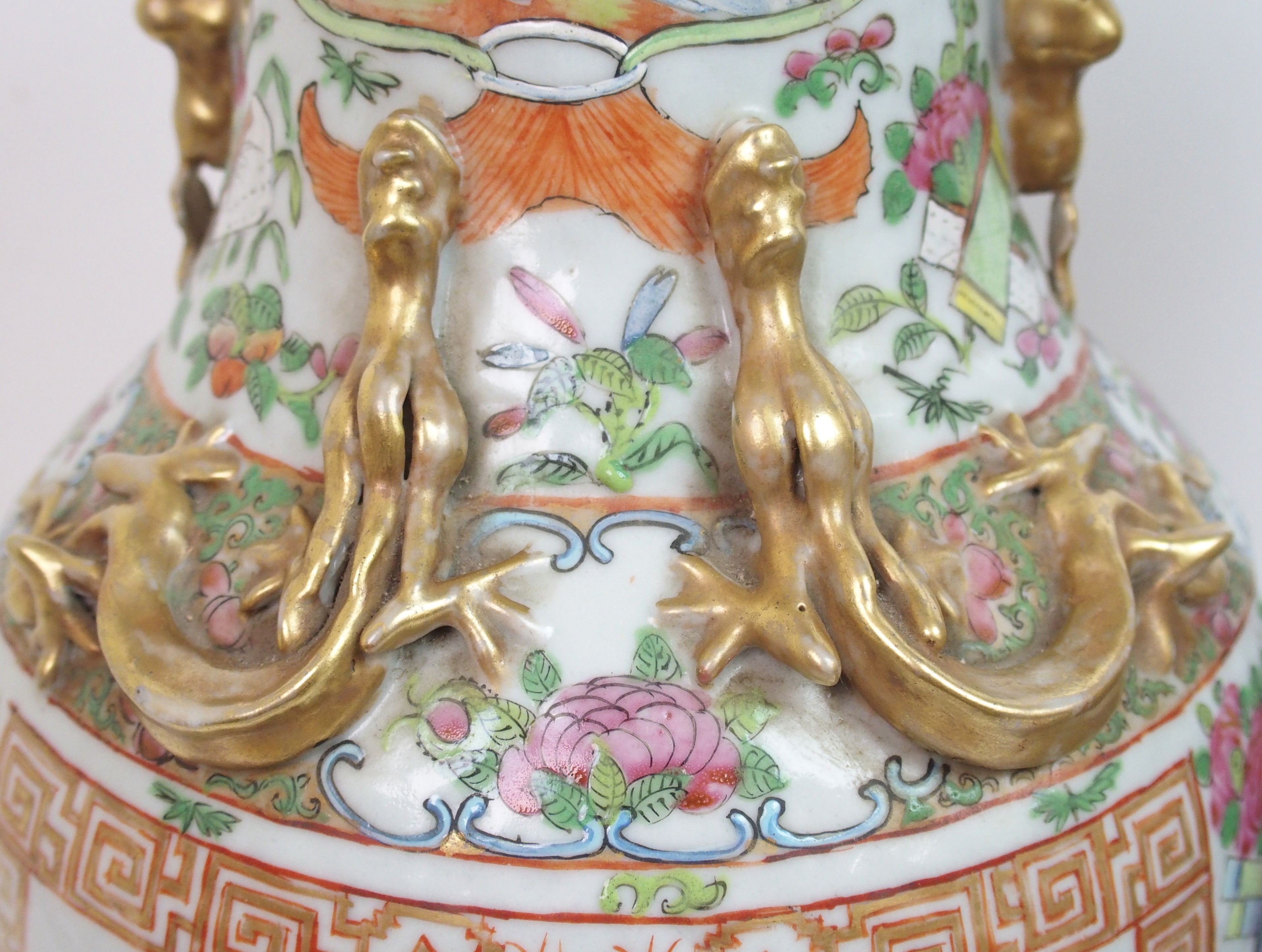 A pair of Canton famille rose baluster vases panted with large panels of mandarins holding court - Image 6 of 10