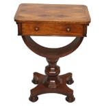 A Victorian walnut sewing table the parquetry top inlaid in diamond pattern above a side drawer