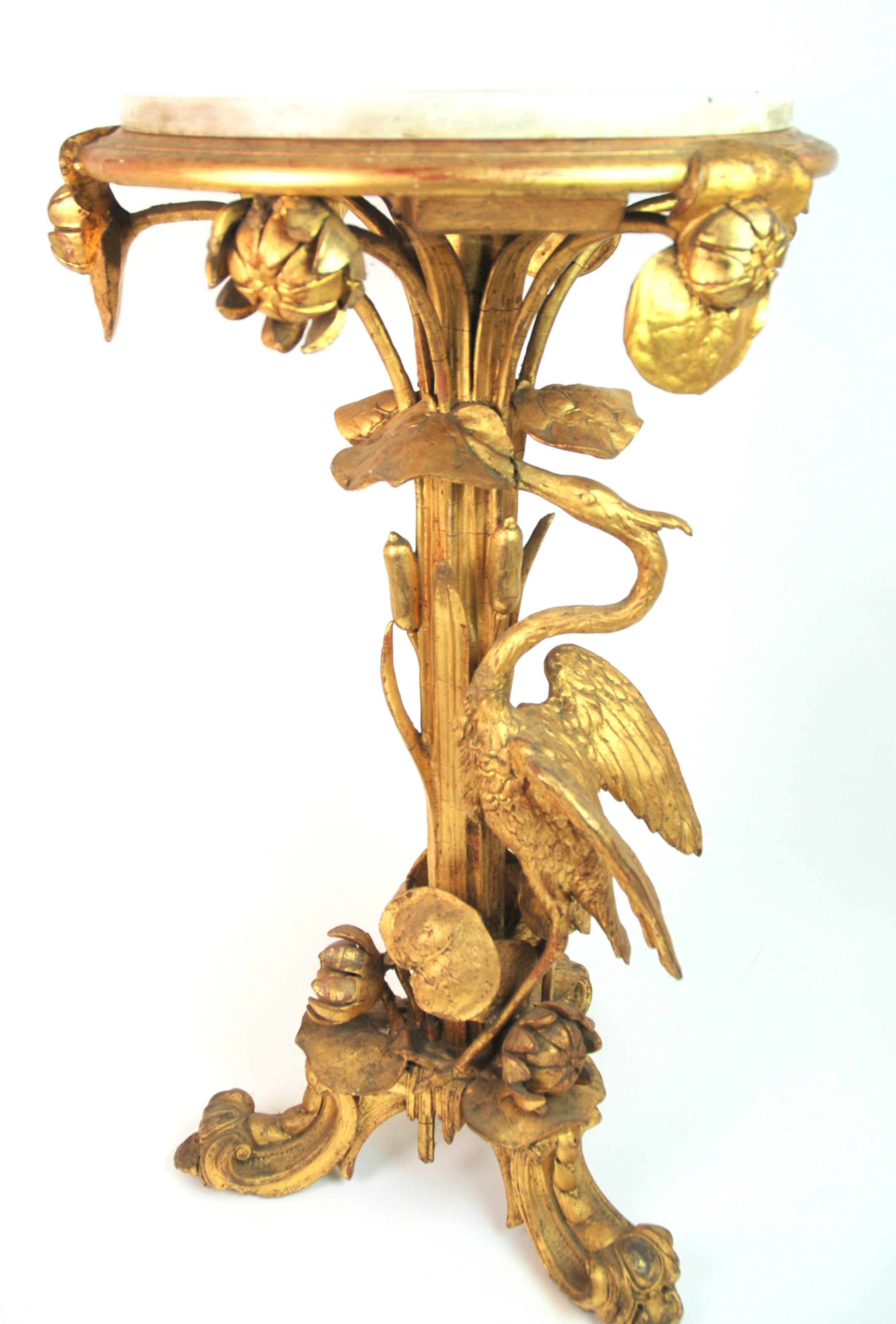 A Victorian gilt wood and gesso plant stand carved with a heron amongst bullrushes and lily pads, on - Image 8 of 10
