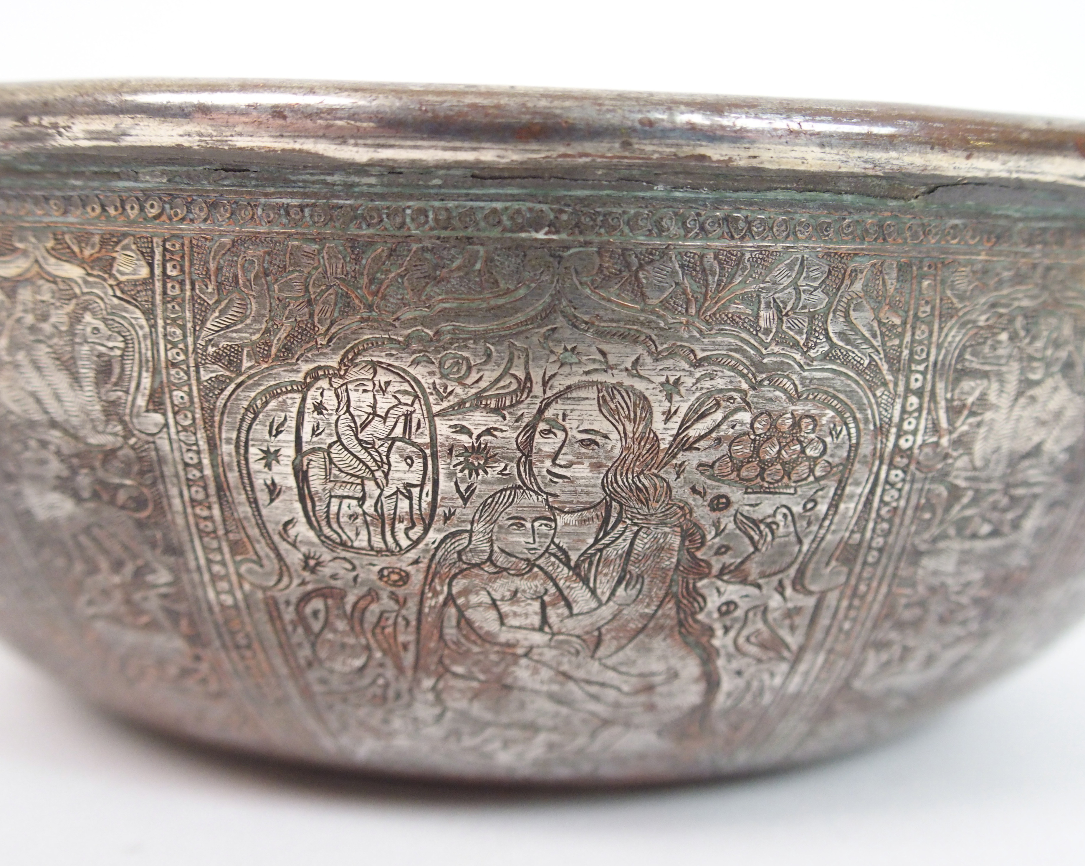 A Bidri ware brass bowl decorated with panels of noble figures divided by animals, calligraphy and - Image 2 of 10