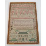 A George IV alphabetic and pictorial sampler, 1828 with verse by Margaret Anderson, framed and