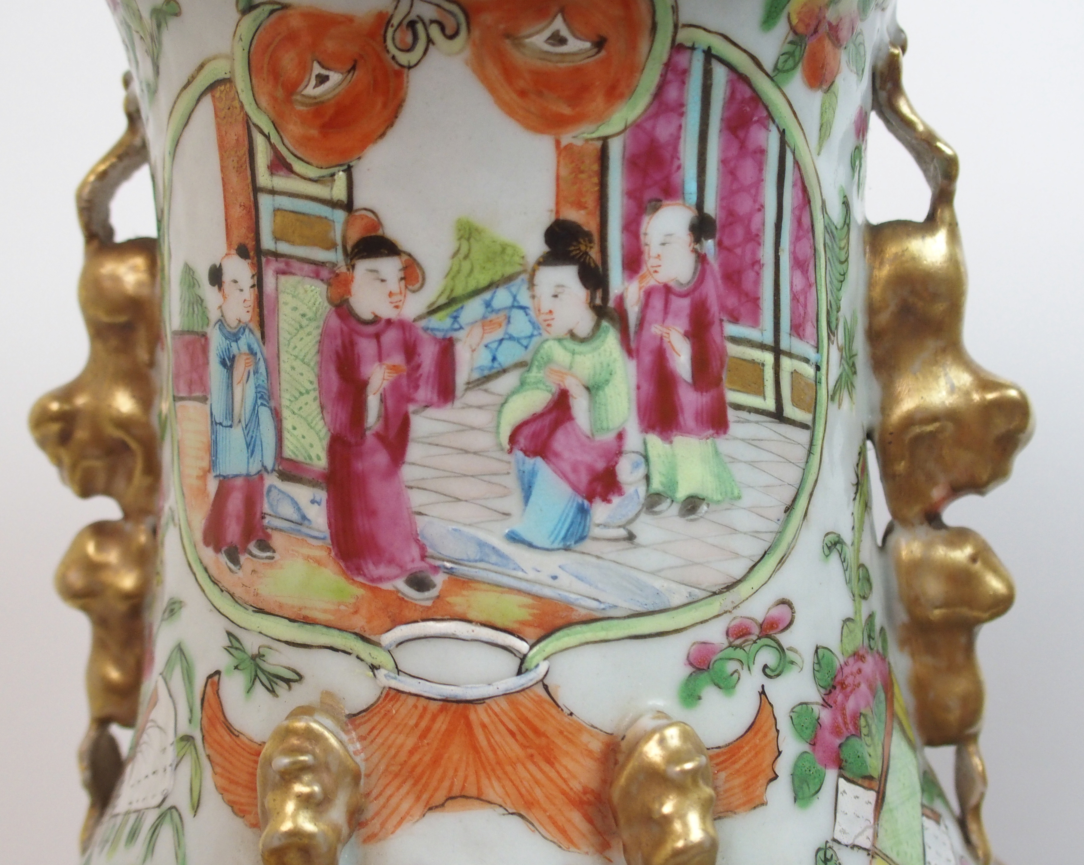 A pair of Canton famille rose baluster vases panted with large panels of mandarins holding court - Image 4 of 10