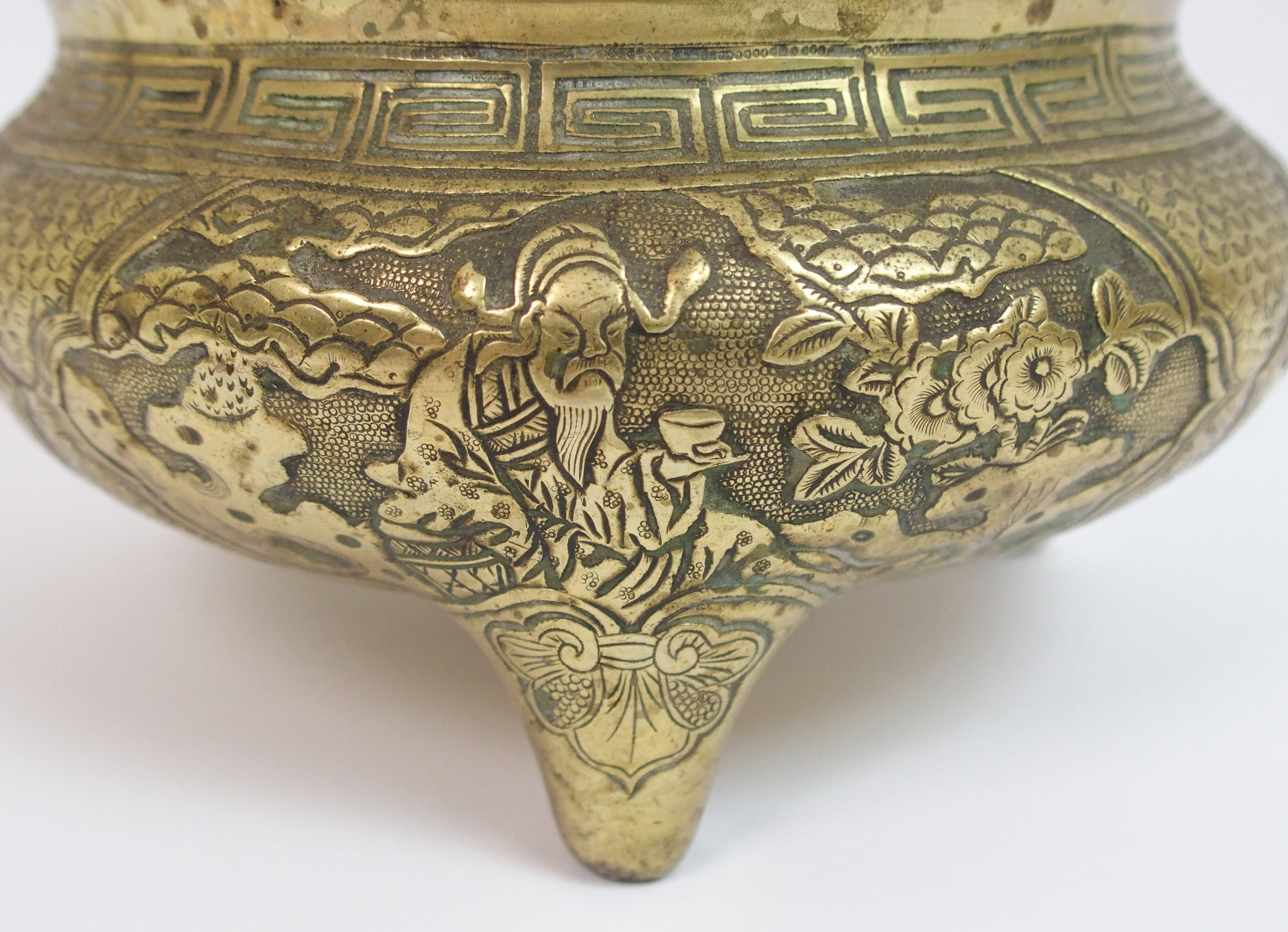 A Chinese brass censor cast with panels of figures amongst trees and plants divided by diaper, - Image 2 of 10