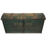 A Scandinavian painted pine coffer the domed cover with strapwork enclosing a candle box, the