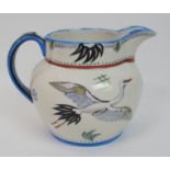 William Miles Johnston (1893 - 1974) A Zoo pottery jug hand painted with flying cranes within a blue