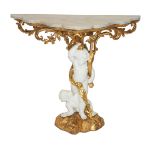 A Louis XVI style giltwood console table the white marble scroll shaped top supported by two putti