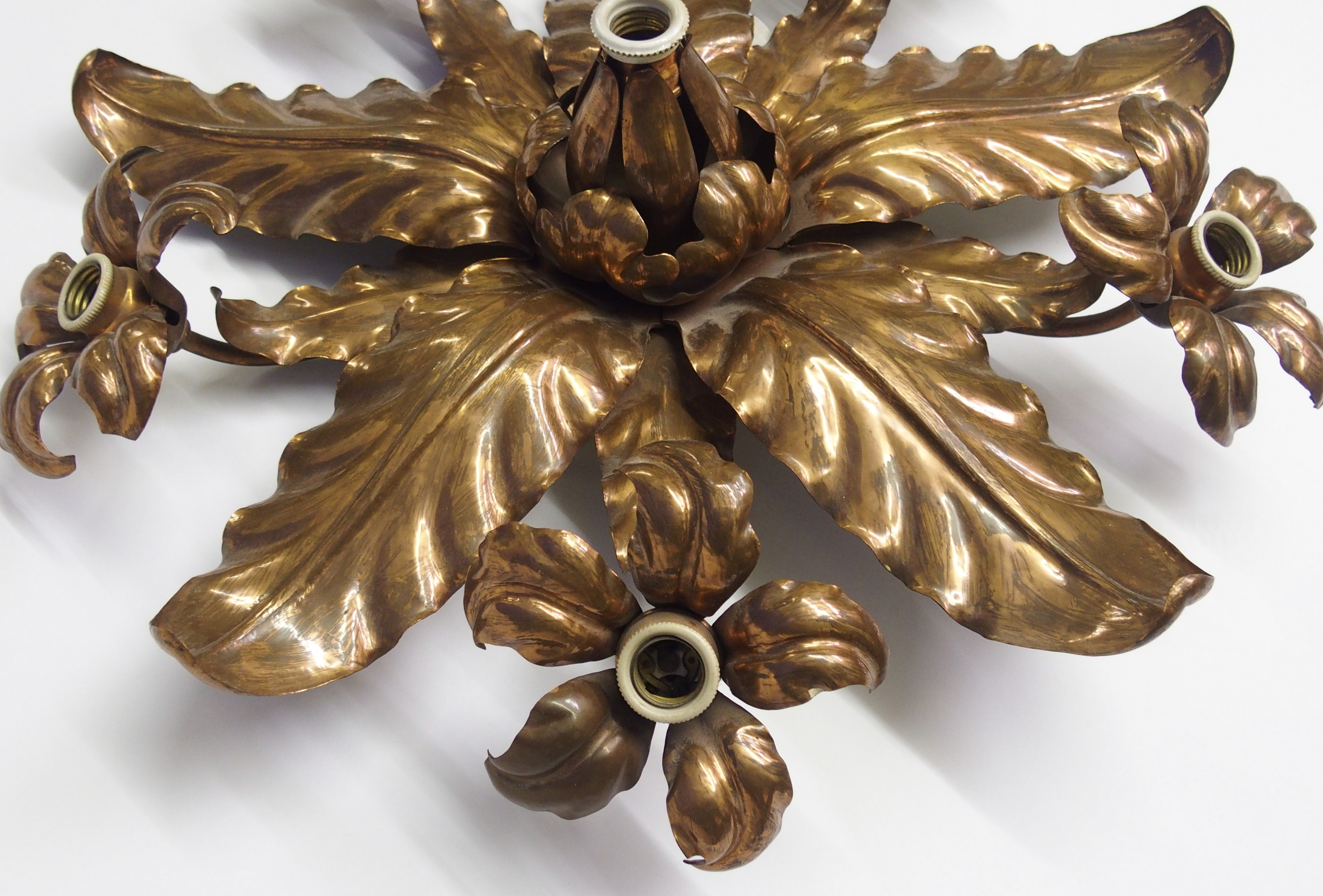 An Arts and Crafts copper ceiling light the electric ceiling light of radiating leaf form with - Image 5 of 8