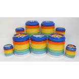 A set of Grays pottery Art Deco kitchen jars banded ware kitchen jars painted in primary colours,