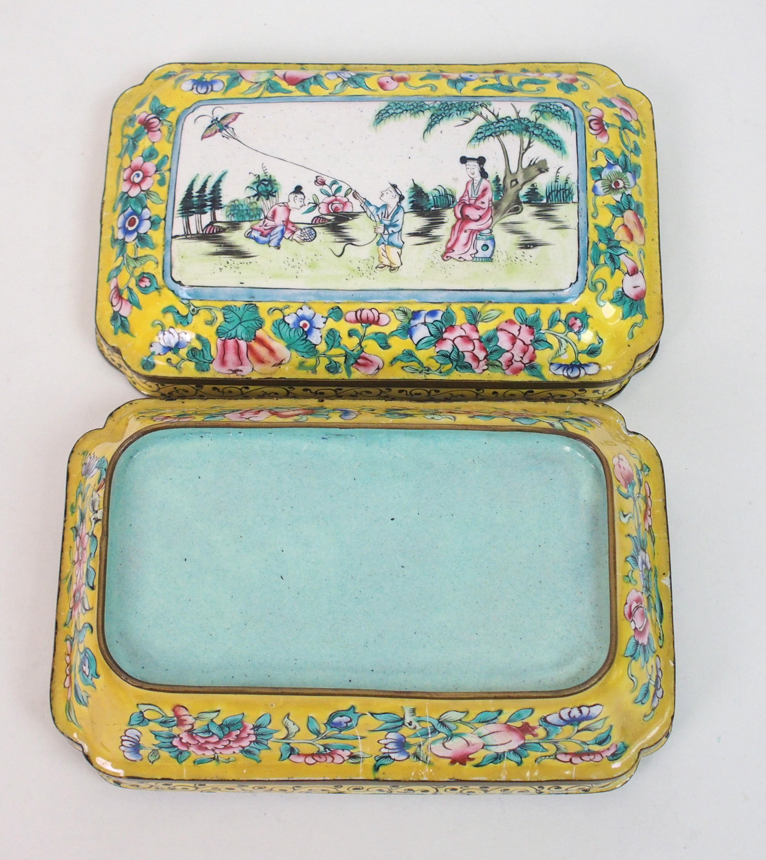 A Canton yellow ground rectangular box and cover painted with figures within foliage, 15cm wide, - Image 5 of 10
