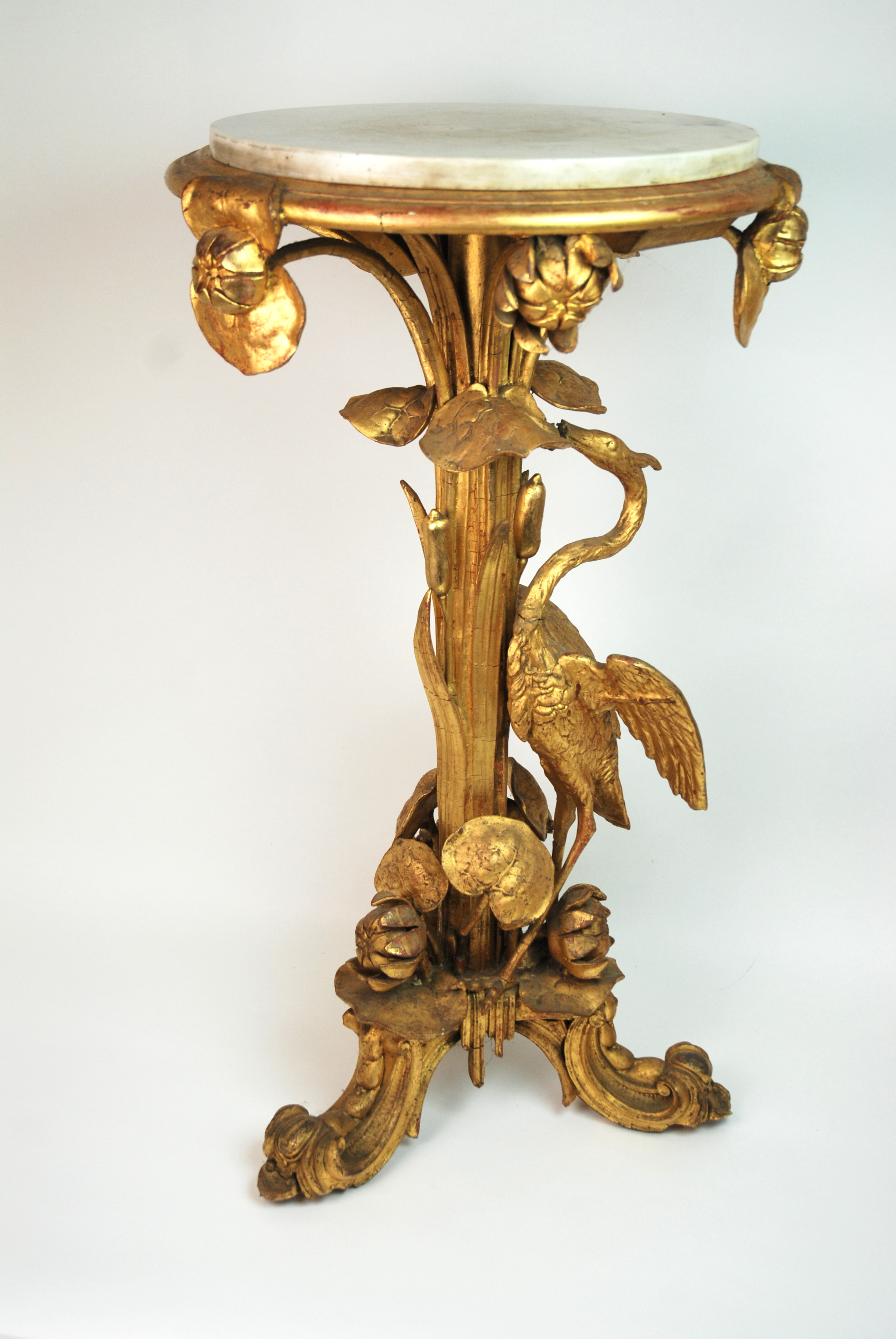 A Victorian gilt wood and gesso plant stand carved with a heron amongst bullrushes and lily pads, on - Image 3 of 10