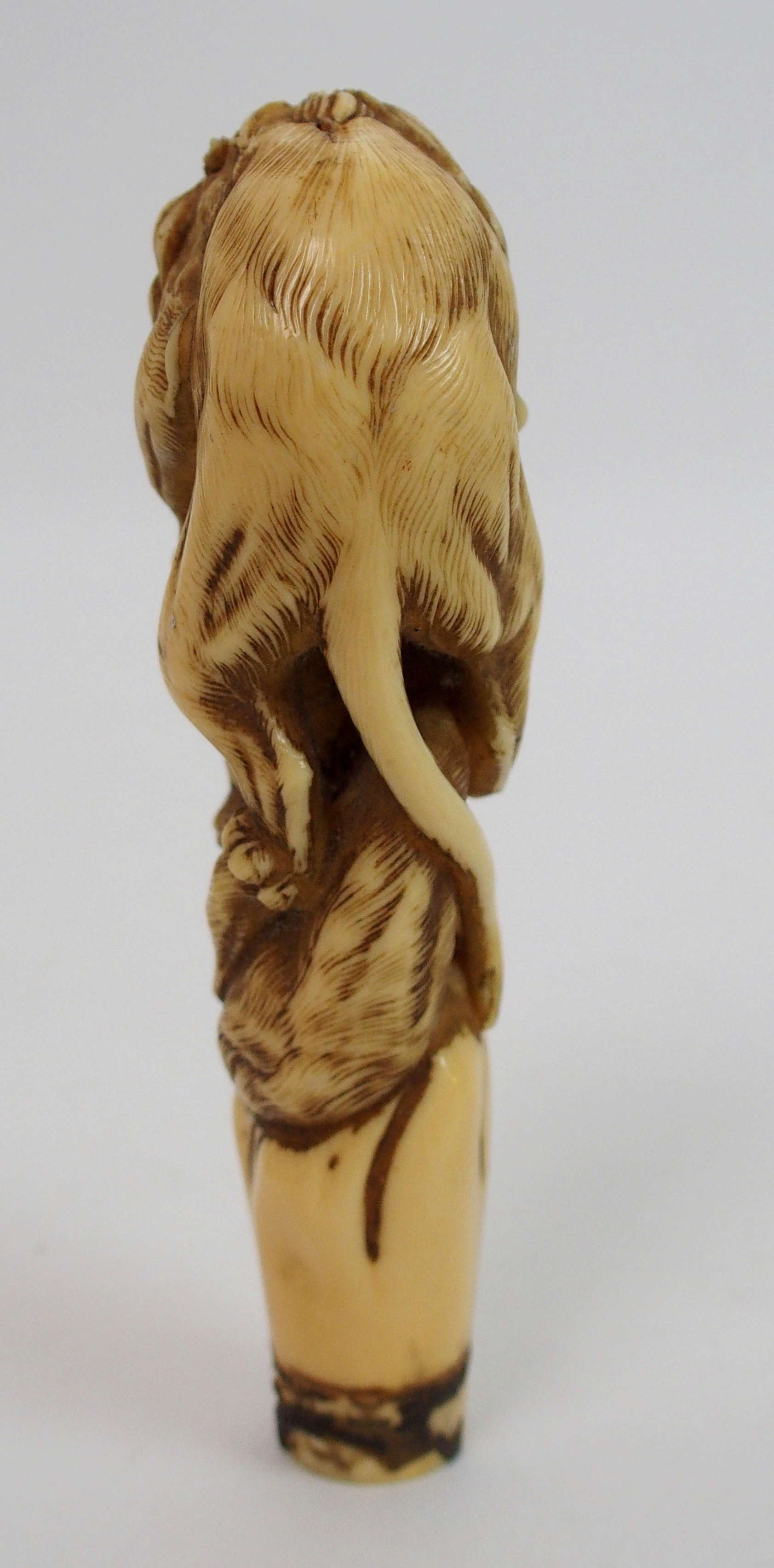 A Japanese carved ivory cane handle decorated with a lion attacking a tiger, signed, 12cm long - Image 8 of 10