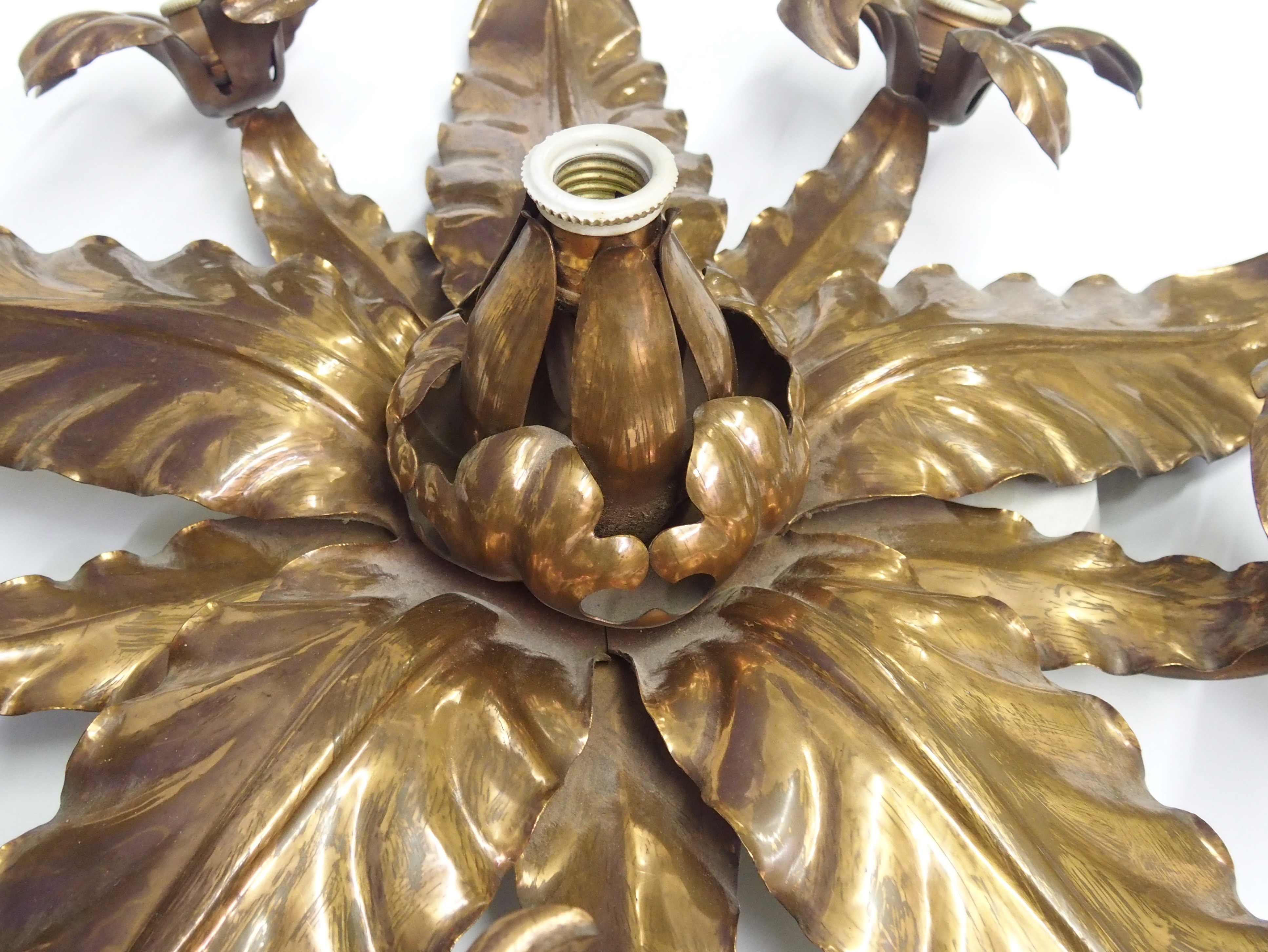 An Arts and Crafts copper ceiling light the electric ceiling light of radiating leaf form with - Image 3 of 8