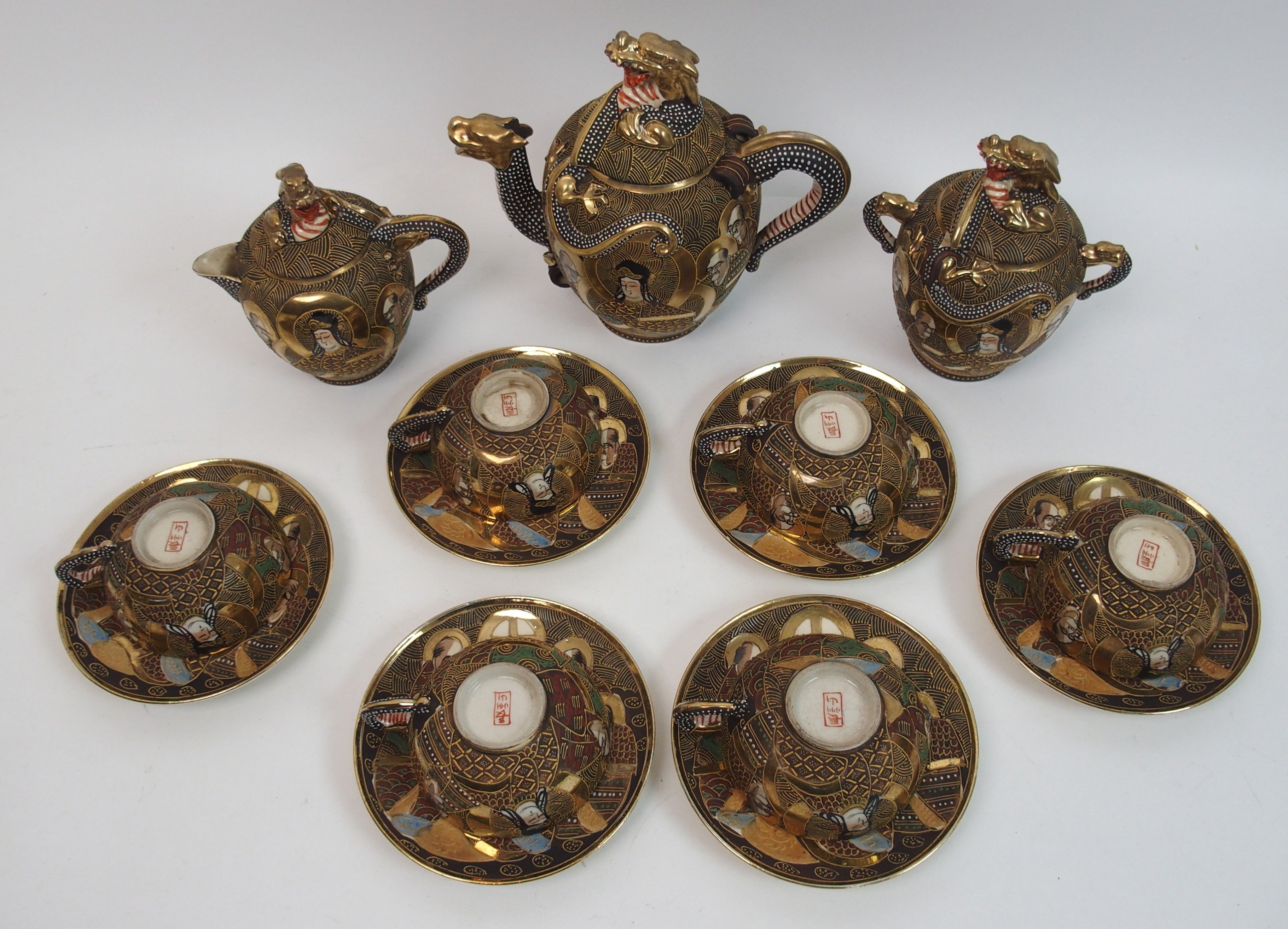 A Satsuma cased teaset painted with Kannon and Rakan, comprising; teapot, sugar bowl, cream jug, six - Bild 5 aus 14