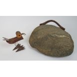 •A George Wyllie (1921-2012) Handbag sculpture of boulder form with attached leather strap handle,