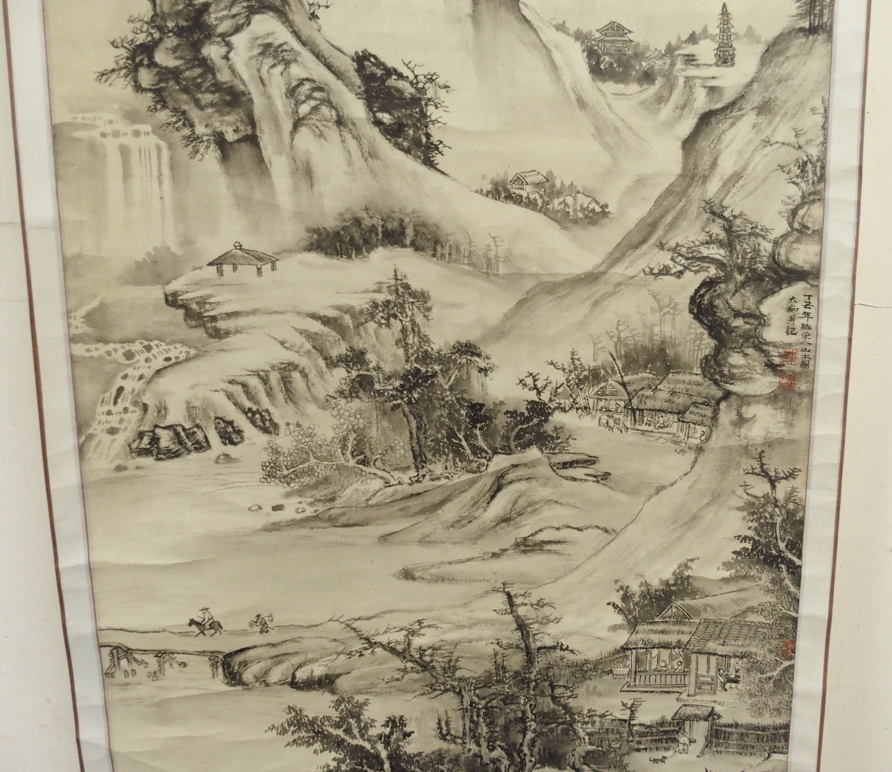 A Chinese scroll painting in the style of Guo Xi with an extensive mountainous landscape, 126 x - Bild 7 aus 10