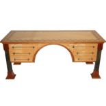 A Linley style pedestal writing desk the marquetry triple banded top with various fruitwoods above