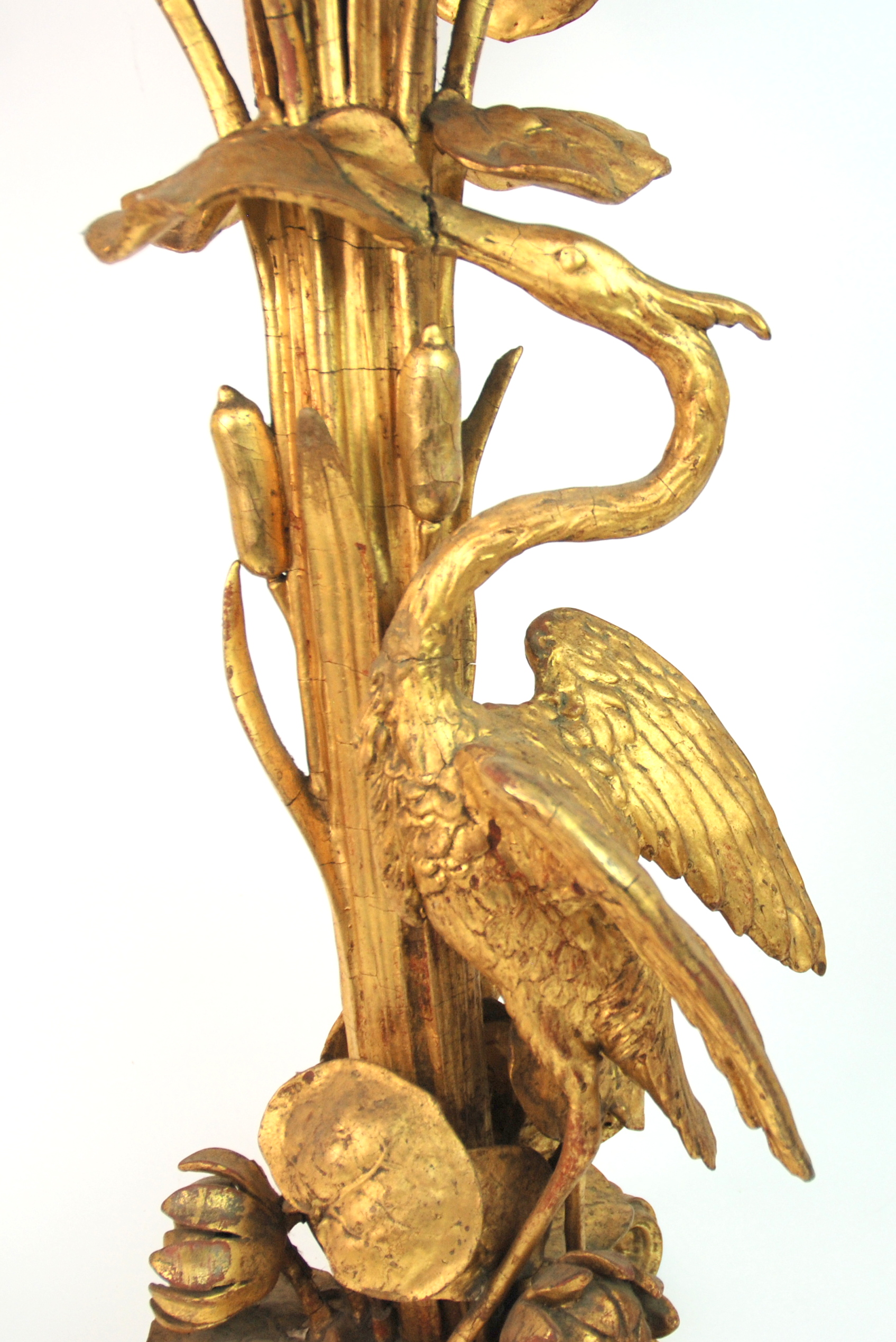 A Victorian gilt wood and gesso plant stand carved with a heron amongst bullrushes and lily pads, on - Image 9 of 10