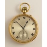 An 18ct gold half hunter pocket watch with a champagne dial, subsidiary seconds dial with black