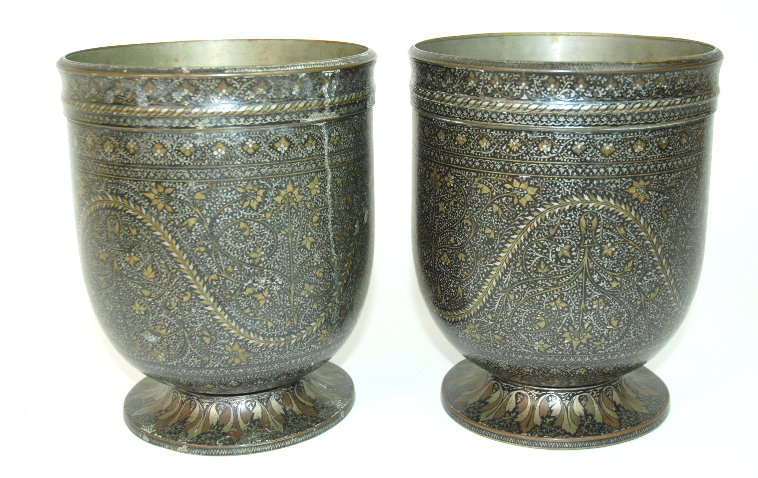 A pair of Kashmiri metal jardinieres decorated with meandering foliage within bands of - Image 2 of 6