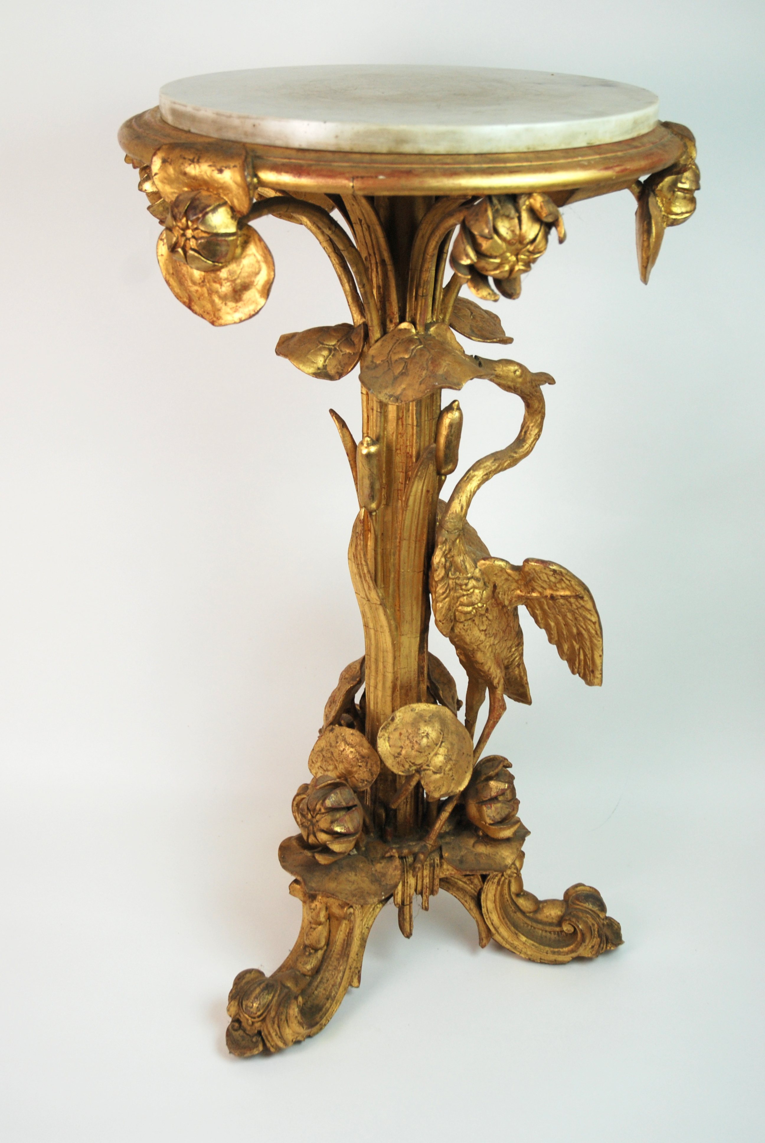 A Victorian gilt wood and gesso plant stand carved with a heron amongst bullrushes and lily pads, on - Image 4 of 10