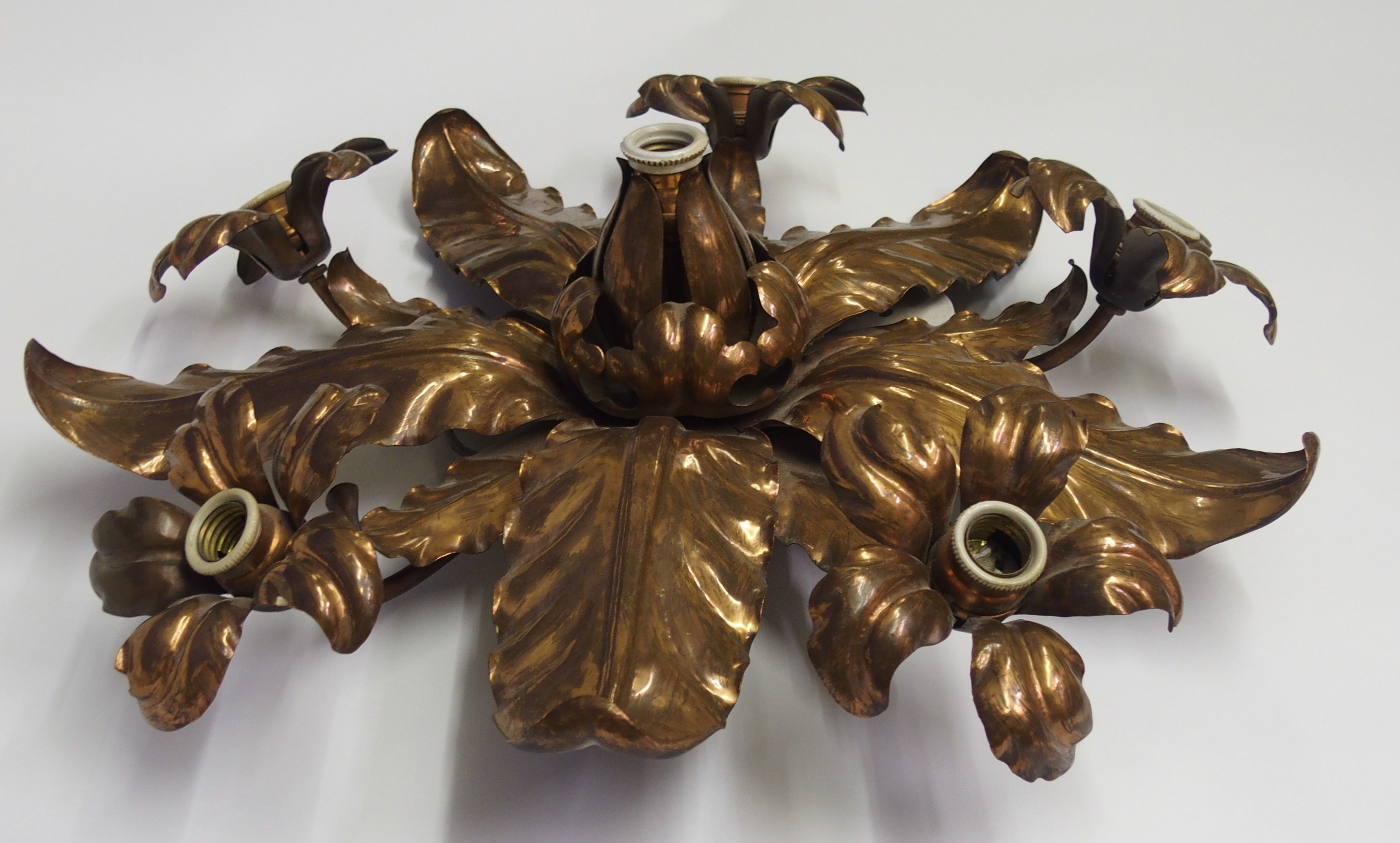 An Arts and Crafts copper ceiling light the electric ceiling light of radiating leaf form with - Image 4 of 8
