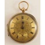 A 9ct gold open face pocket watch with gold coloured machine engraved dial, black Roman numerals,