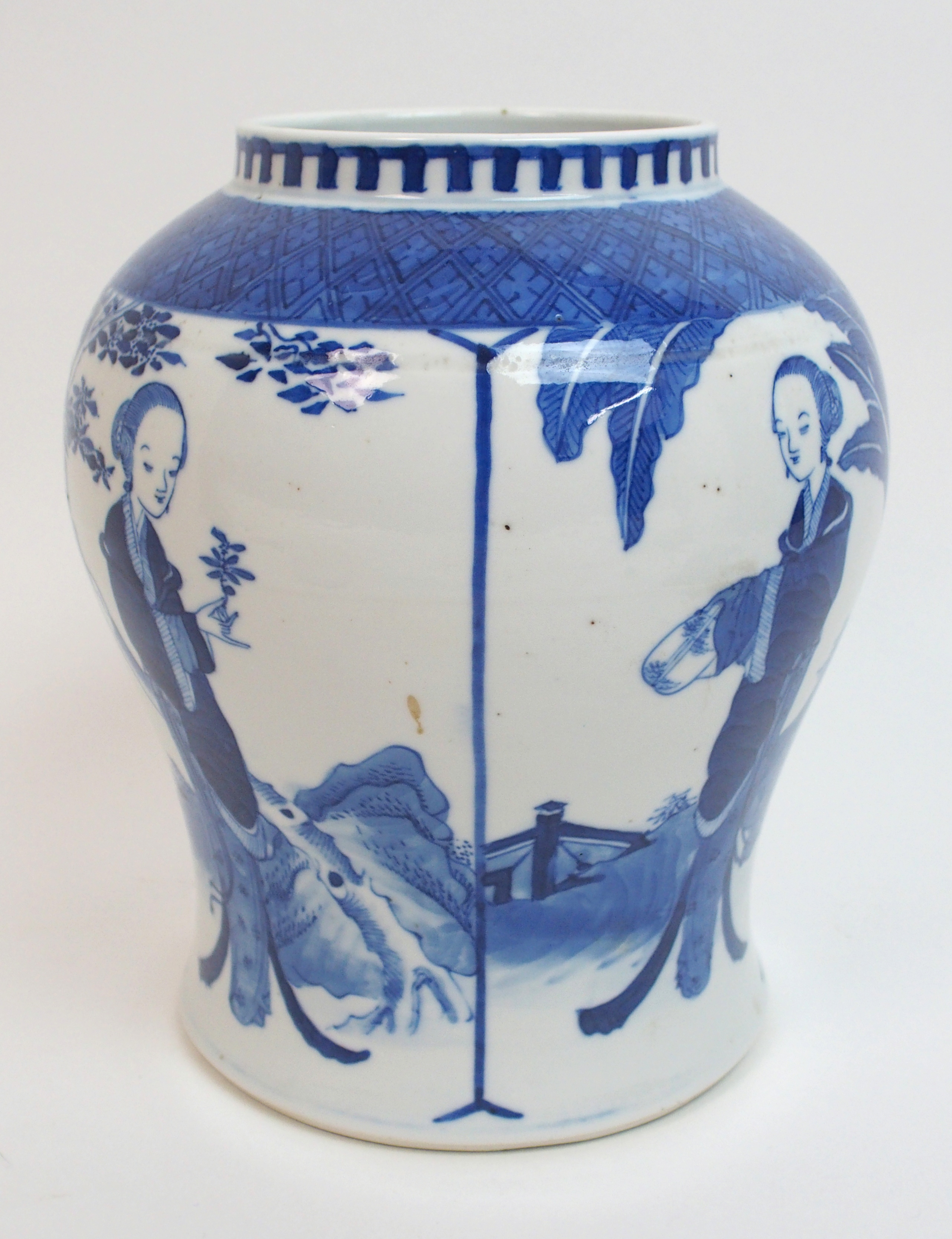 A Chinese blue and white baluster vase painted with long Elisa in a garden beneath trees and a - Bild 8 aus 10