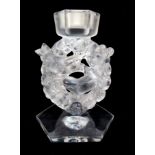 A Lalique Cristal Mesanges pattern electric lamp base the clear hexagonal base supporting a