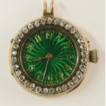 A French diamond and enamel pendant watch made by Le Roy & Fils, with green guilloche enamel dial