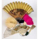 An early continental fan with bone pierced and gilt decorated handle, hand painted pictorial scenes,