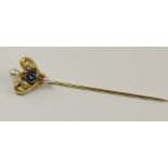 A 14ct gold Art Nouveau style pin set with a blue gemstone, pearls and diamonds