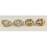 Two pairs of earrings one of yellow and white metal three chain link design, set with diamonds to