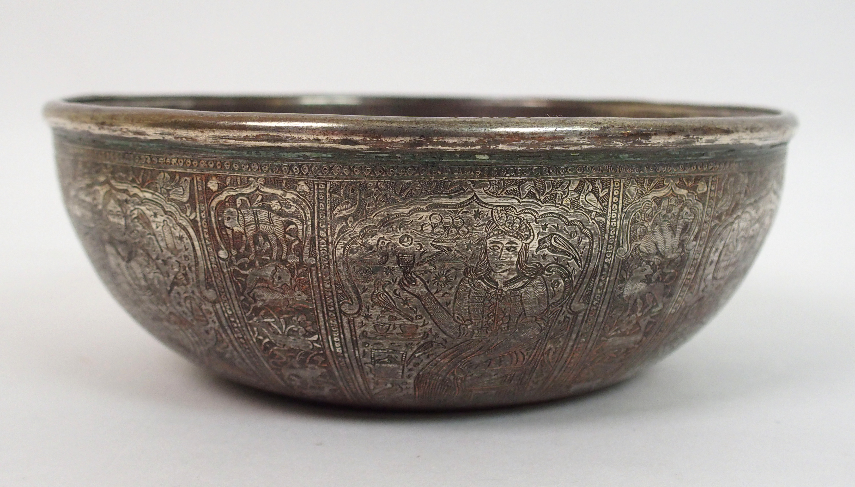 A Bidri ware brass bowl decorated with panels of noble figures divided by animals, calligraphy and - Image 3 of 10