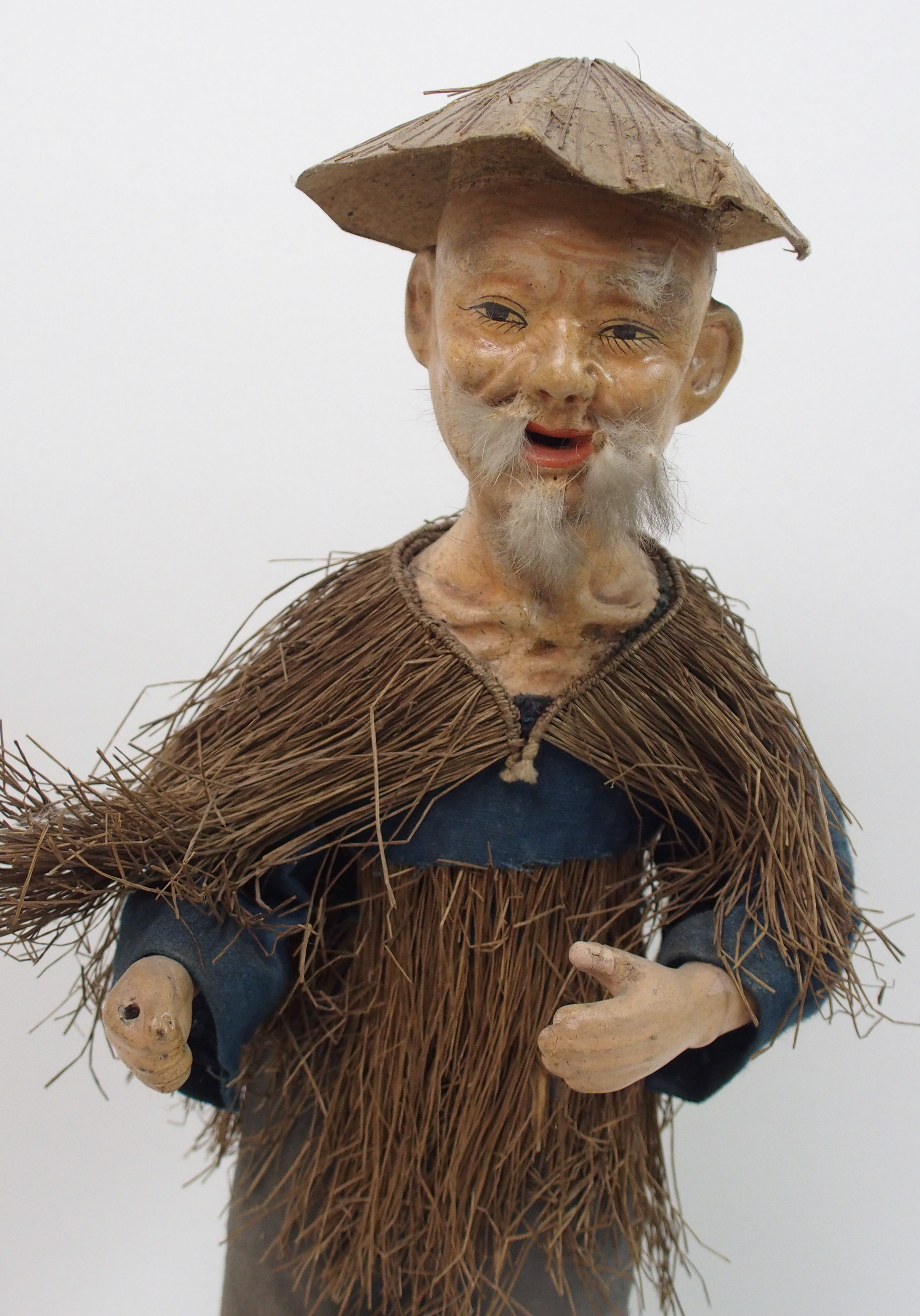 A Chinese papier mache figure of a worker with straw cape and linen costume, 37cm high and a - Image 2 of 10