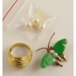 A 14ct gold Chinese green hardstone butterfly brooch set with pearls and ruby eyes 25mm x 30mm, an