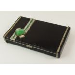 An Art Deco French 18ct gold lacquer, diamond and Chinese green hardstone compact In the manner