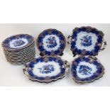 A Victorian flow blue dessert service comprising; three heart shape serving plates, three twin